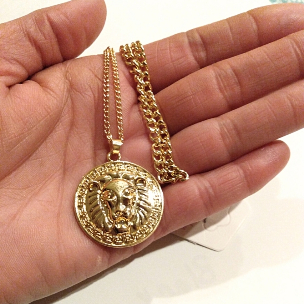 Gold Lion Medallion Double Strand Necklace - Picture 2 of 8